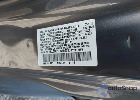 2016 Honda Odyssey Ex-L из США, поврежденный, VIN 5FNRL5H61GB104335